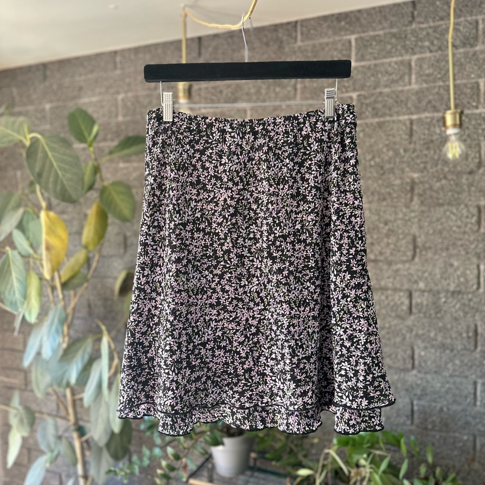 Y2K black floral tiered midi skirt